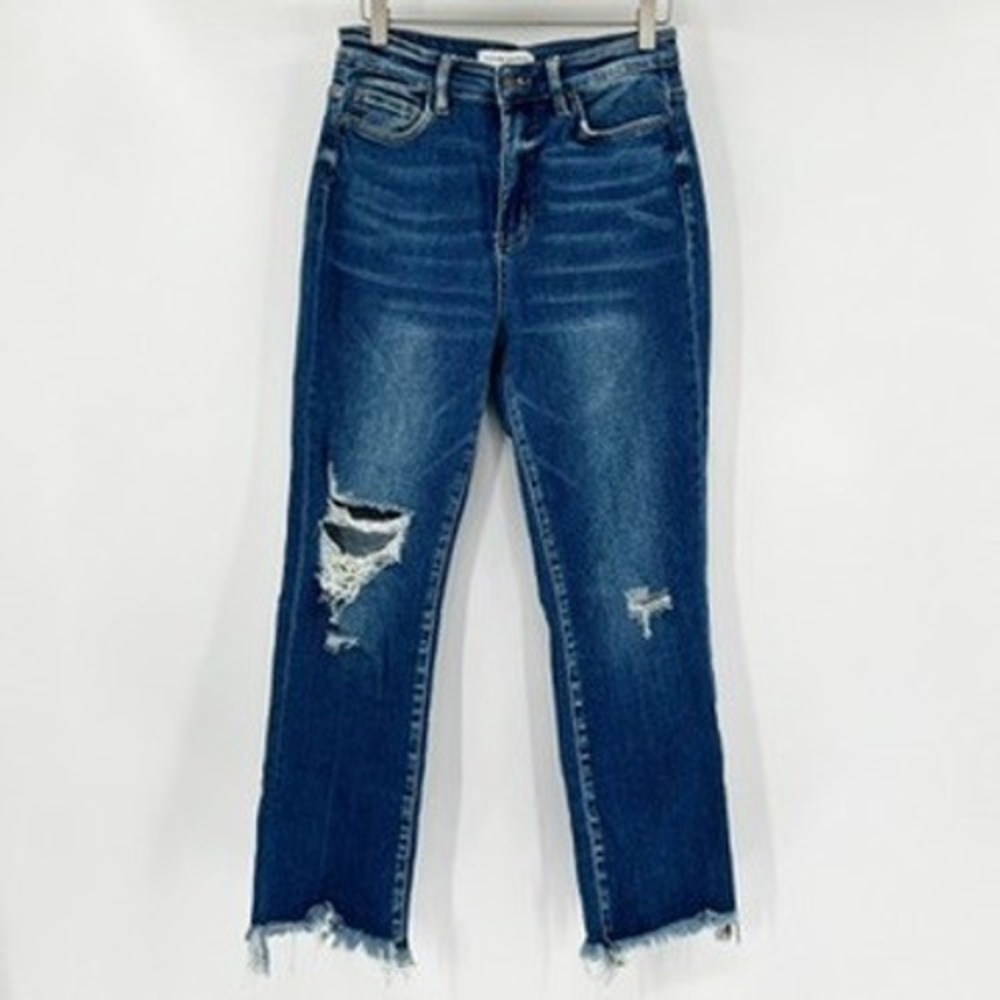 Flying Monkey High Rise Straight Leg Distressed Raw Hem Blue Jeans F4225 Size 27 - Picture 2 of 6